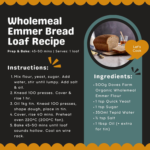 Emmer 2.2 lb 1 (Pack 2) Emmer Doves Farm Organic Stoneground Wholemeal Flour / kg of - High Protein Ancient Grain Whole