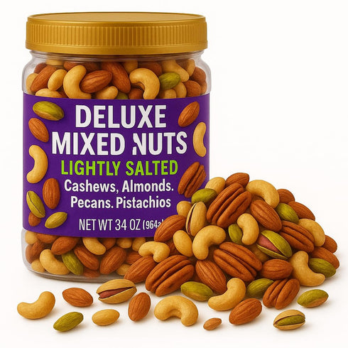 Generic 34 oz Lighty Salted Mixed Nuts, Deluxe Blend of Cashews, Almonds, Pecans and Pistachios