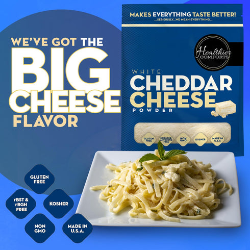 (7 oz) Healthier Comforts White Cheddar Cheese Powder | Gluten Free, Kosher, Keto-Friendly, Non-GMO, Antibiotic