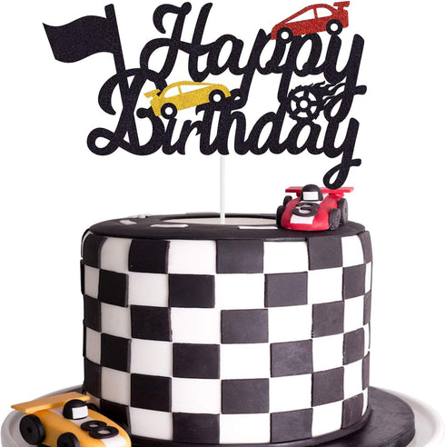 Marwey Race Car Birthday Cake Topper, Happy Birthday Cake Decor, Chequered Flag Themed Party Supplies