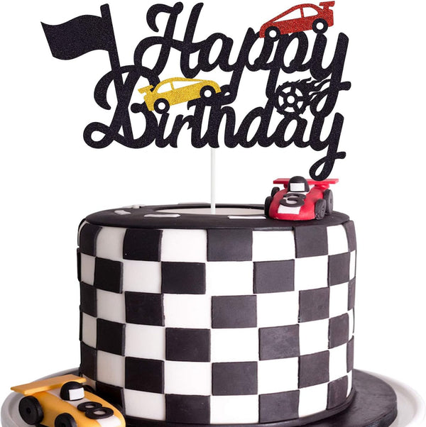 Marwey Race Car Birthday Cake Topper, Happy Birthday Cake Decor, Chequered Flag Themed Party Supplies