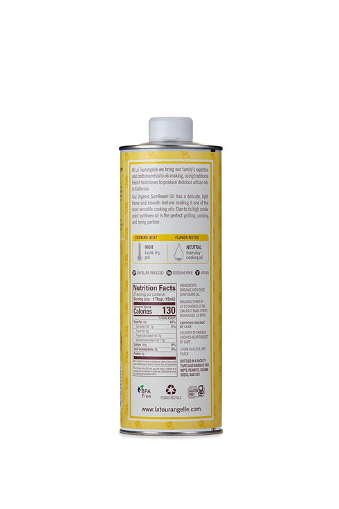La Tourangelle Organic High Oleic Sunflower Oil - Neutral Oil for Medium to High Heat Cooking, 33.8 Fl Oz
