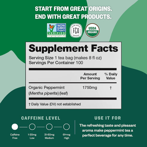 FGO Organic Peppermint Tea, 100 Count Eco-Conscious Tea Bags, Caffeine Free, Packaging May Vary