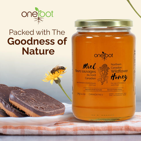 2.2 lbs 1kg, OneRoot Natural Wildflower Honey - / Pure Canadian Boreal Forest Honey - Unpasteurized, Minimally Filtered