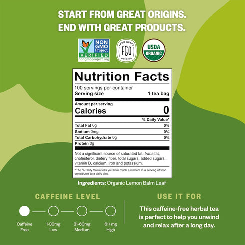 100 Count, Packaging (Pack 1) FGO Organic Lemon Balm Tea, Eco-Conscious Herbal Tea Bags, Resealable Bag, Caffeine Free