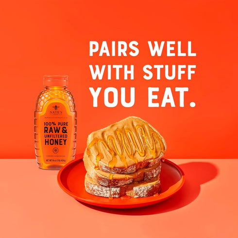 100% 16 oz. Nate's Pure, Raw & Unfiltered Honey - Award-Winning Taste, Squeeze Bottle