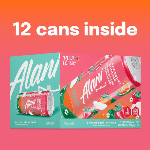 200mg 10 12 Oz 12 Pack Alani Nu STRAWBERRY SUNRISE Sugar Free, Low Calorie Energy Drinks, Caffeine, Biotin B Vitamins