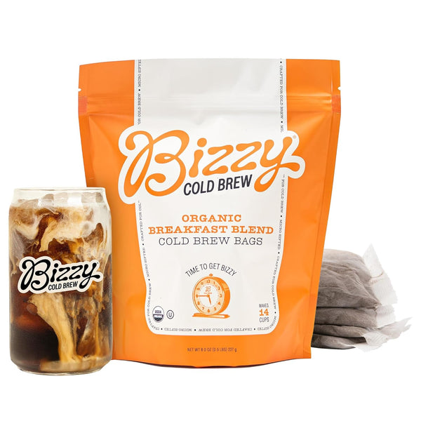 Bizzy Organic Cold Brew Coffee, Breakfast Blend, Coarse Ground Coffee, 4 Count, Makes 14 Cups