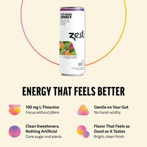 150mg 100mg 12oz 12 Pack Zest Clean Energy Drink Passionfruit Berry Caffeine + L-Theanine Natural Focus & Concentration