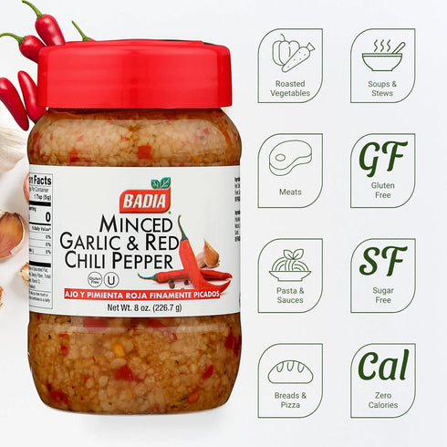 8 oz Badia Minced Garlic & Red Chili Pepper Spicy Savory Blend with Garlic and Crushed Red Pepper Flakes