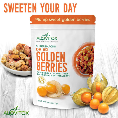 1 oz 2g 5g 8 oz Alovitox Sun Dried Golden Berries | Raw, Fresh & Organic | Contains Protein & Fiber, Low-Calorie