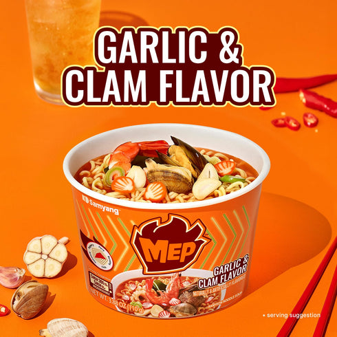 3.88 oz (Pack 6 Samyang MEP Garlic Clam Ramen Spicy Instant Bowl Noodle Soup, Refreshing Seafood Broth Ramyeon, Quick