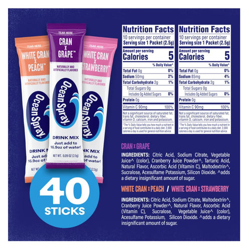 Pack Packets 100% (40ct) Ocean Spray Variety Zero Sugar Powder Drink Mix with Real Cranberry Juice Powder, Vitamin C