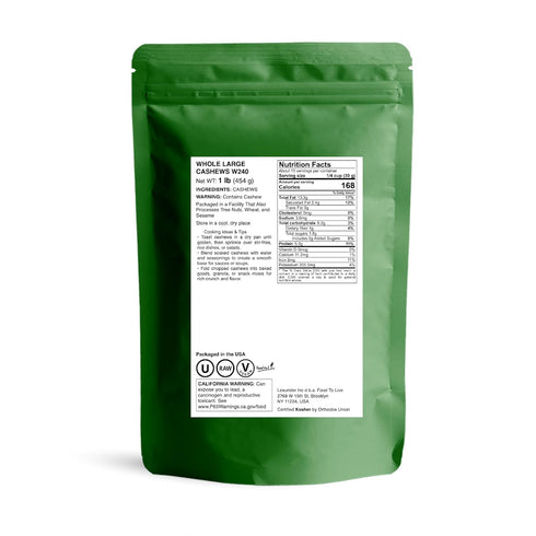 1 W240, Food to Live Cashew Nuts, Pound - Large Size Whole Nuts, Unsalted, Kosher, Raw, Vegan, Bulk