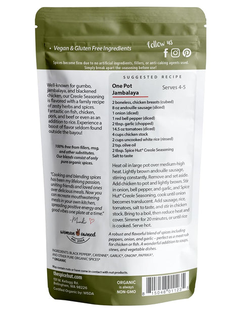 Spice Hut Organic Creole Seasoning, Salt-Free Louisiana Dry Rub, 2oz Pack, All-Natural, Gluten Free, Vegan
