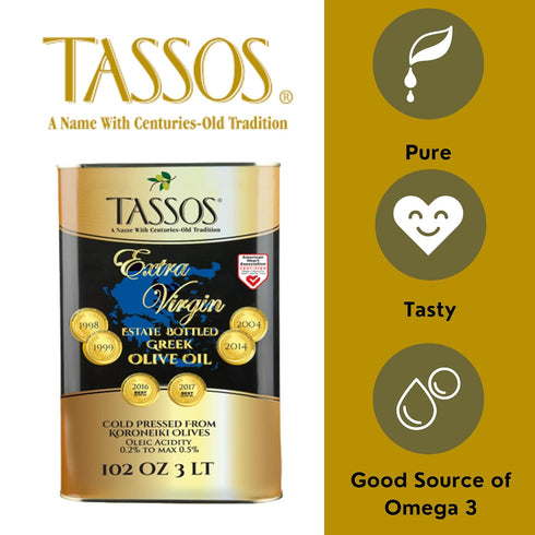 Tassos 3 Extra Virgin Olive Oil ( Cold Pressed Koroneiki Olives ) Ltr Tin