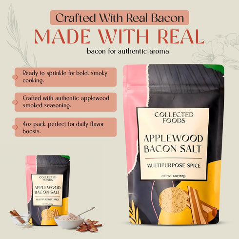 4oz Collected Foods Premium Applewood Smoked Bacon Salt Seasoning All-Natural, Gluten-Free, Non-GMO | Flavored Salt