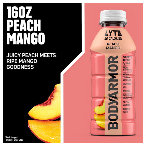 Potassium-Packed 16 Oz (Pack 12) BODYARMOR LYTE Sports Drink Low-Calorie Sports Beverage, Peach Mango, Coconut Water