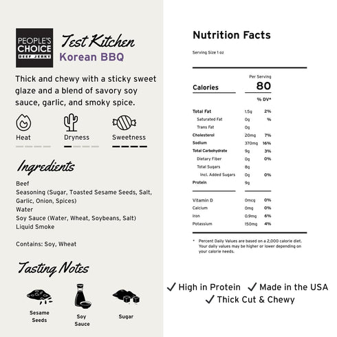 9g 16 oz People's Choice Beef Jerky Korean BBQ - Sweet & Savory, Protein, Snack - Bag