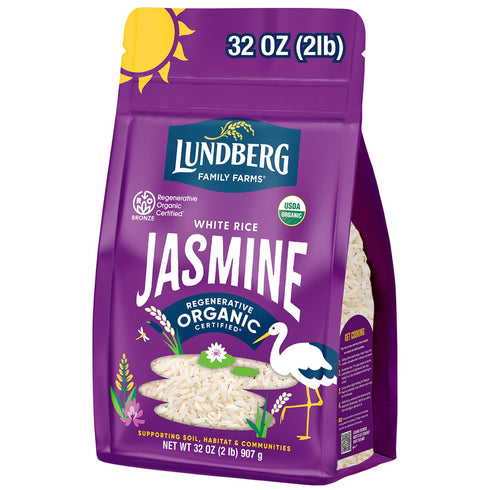 Lundberg Jasmine Rice, Regenerative Organic Certified Non-Sticky, Aromatic Long-Grain White Rice, Responsibly