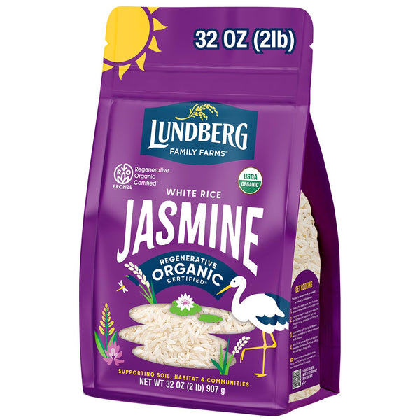 Lundberg Jasmine Rice, Regenerative Organic Certified Non-Sticky, Aromatic Long-Grain White Rice, Responsibly