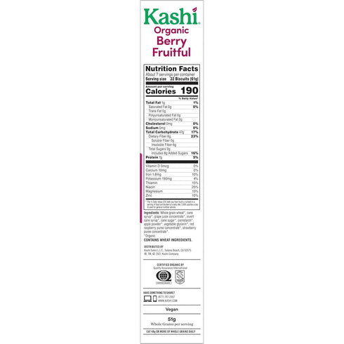 15.6oz (1 Kashi Breakfast Cereal, Vegan Protein, Organic Fiber Cereal, Berry Fruitful, Box Box)