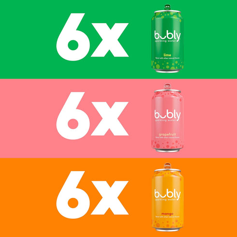 3 Pack 12 Oz (Pack 18) bubly Sparkling Water, Tropical Thrill Flavor Variety (Lime, Grapefruit, Mango), Zero Sugar