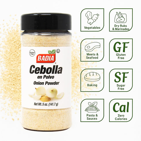 5 oz Badia Onion Powder, Cebolla En Polvo, Savory Flavor Enhancer for Soups, Sauces, Meats & Everyday Cooking