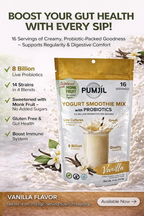 8 14 4 4oz 16 Pumjil Vanilla Yogurt Smoothie Mix, Sugar-Free Sweetened with Monk Fruit, Billion Probiotic Live
