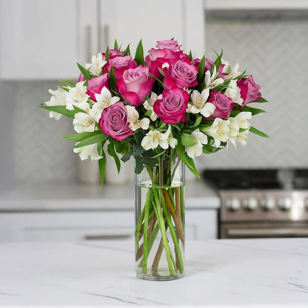 BloomsyBox Forever Blooming Bouquet Fresh Purple Roses & White Alstroemeria (Glass Vase