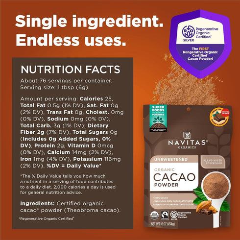 1:1, (16oz. Pack 2) Navitas Organics Cacao Powder - Cocoa Powder Substitute For Hot Chocolate, Baking & More