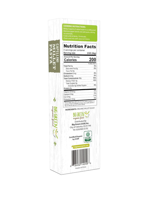 8.8oz (1) Big Green Organic Food- Organic Millet Capellini, Gluten-Free, Lectin-Free, Non-GMO, Vegan, Wheat and Rice