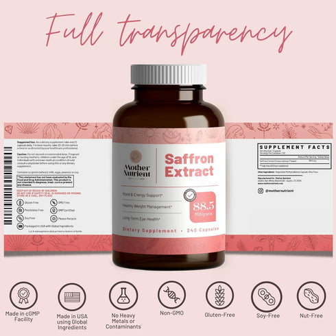 Saffron Extract Supplements for Women & Men - Pure Crocus Sativus - 240 Veggie Capsules
