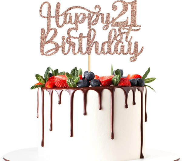 Happy 21st Birthday Cake Topper, 21st Birthday/Anniversary Party Supplies, Rose Gold Glitter Decoration