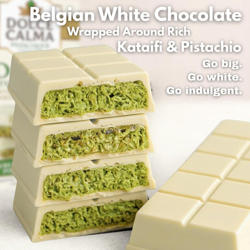 (200g 7oz) Dolce Calma Dubai Chocolate Bar White / Viral Authentic Handmade Belgian Chocolate with Turkish Pistachio