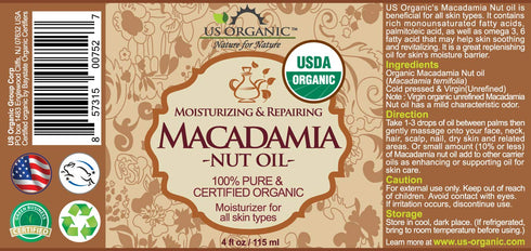 US Organic Macadamia Nut Oil, Unrefined Virgin, Certified Organic, Cold Pressed, 4 oz (Large)