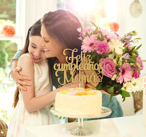 Ferastar Feliz Cumpleaños Mama Cake Topper, Best Mom Ever, Happy Mothers Day, Gold Glitter Birthday Decorations