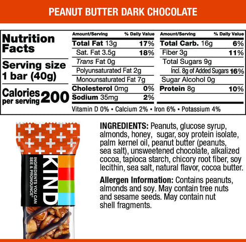 8g 1.4 ,4 Count KIND Bars, Peanut Butter Dark Chocolate, Protein, Gluten Free Bars, Ounce