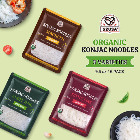52USA 52.8 Oz, 6 Pack 3 USDA Organic Konjac Shirataki Noodle, Low Carb Pasta Variety-Angel Hair, Fettuccine, Spaghetti