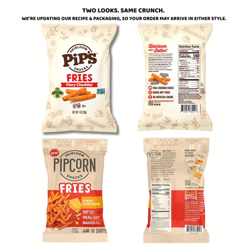 1 oz (24 Packs, Pips Heirloom Baked Fiery Cheddar Fries Bags pk) Individually Wrapped Snack Baked Not Fried, Made