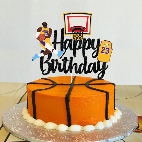 Basketball Cake Topper - Happy Birthday Party Basketball Star Themed Cake Decorations for Boys and Girls Black Glitter