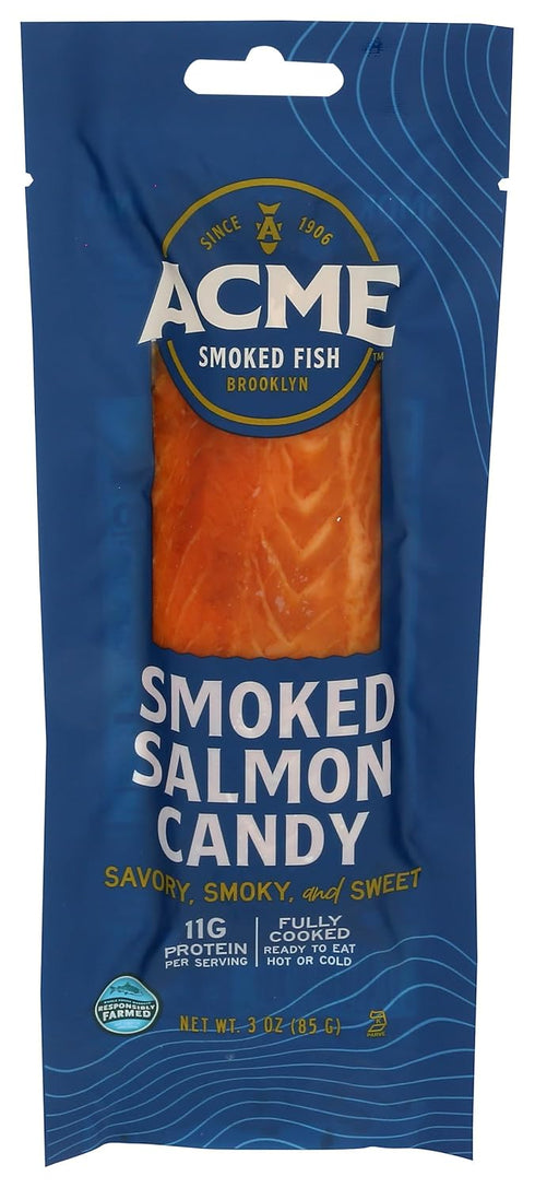 Acme Smoked Fish, Salmon Atlantic Candy Smoked Previously Frozen, 3 Ounce