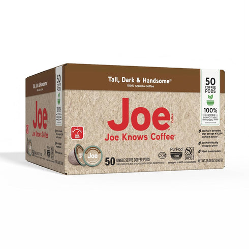 50 Count Joe Knows Coffee, Tall Dark & Handsome Compostable Dark Roast Coffee Pods | Bold & Rich Flavor | Compatible