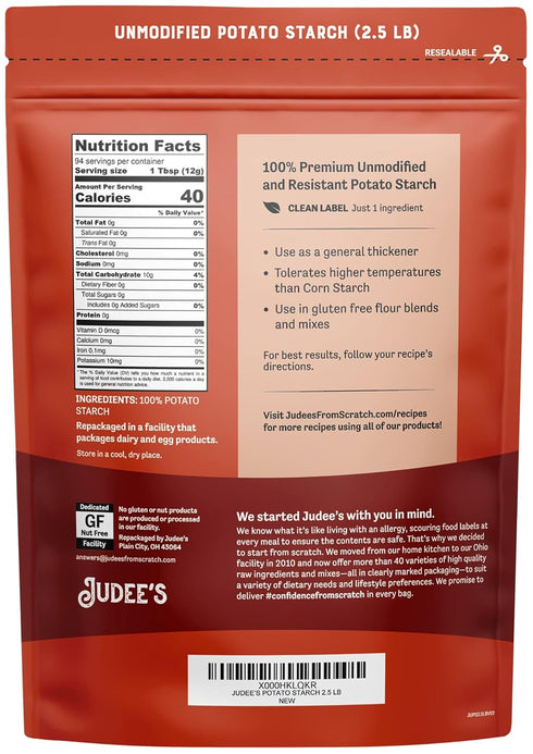 40 Pack 1 Judee's Unmodified Potato Starch - Starch Powder for Cooking & Breading - Flour Substitute for Gluten Free
