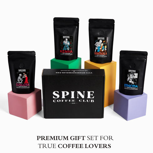 4-Pack Set Spine Coffee Club LLC Gourmet Coffee Sampler Gift Box with Ethiopia, Sumatra, Guatemala, Kenya Single Origin