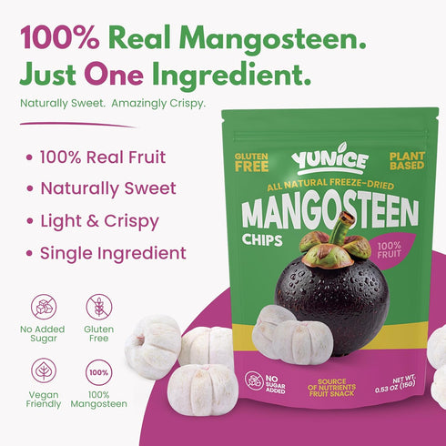 100% 0.53 oz (Pack 12) YUNiCE mangosteen Chips, freeze dried mangosteen Fruit Snack, Real Fruit, No Sugar Added, Vegan