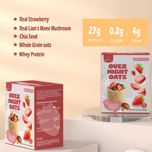 27g (8 Pack) DIET COOKER Mushroom Overnight Oats, of Protein & Strawberry Flavor, High Protein High Fiber Low Fodmap