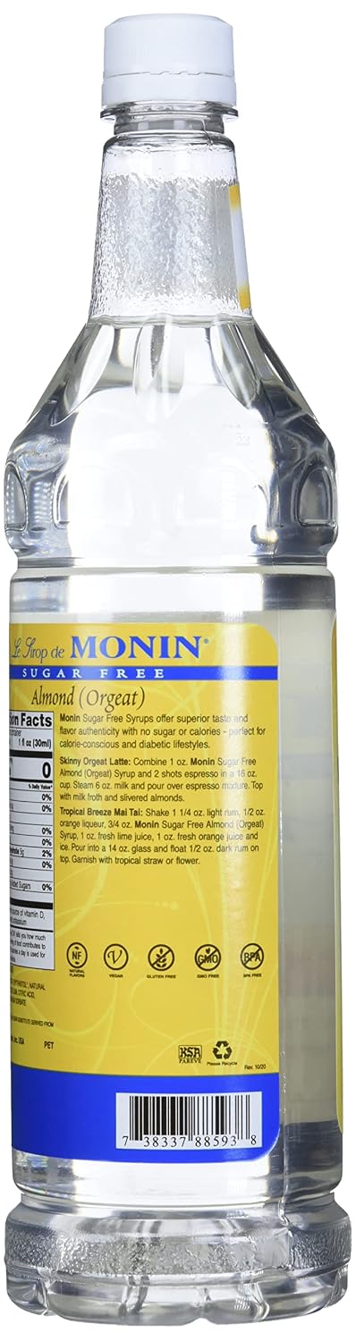 (1 Monin - Sugar Free Almond Syrup, Subtle Sweetness with Rich Almond Flavor, Great for Lattes, Cappuccinos, & Unique
