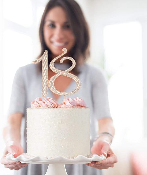 18 Cake Topper - Premium Rose Gold Metal, 18th Birthday Party Sparkly Rhinestone Decoration, Protected in a Box