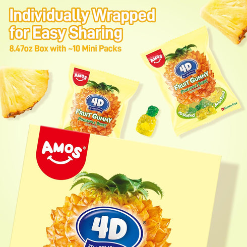 4D Gummy 8.47 oz 3D ~10 Packs, AMOS Fruit Candy, Pineapple Burst, Box - Realistic Shapes with Soft Juice-Filled Center
